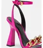 Metal Chunky Chain Sandals Stiletto High Heels Back Zipper Ankle Strap Solid Color Cover Heel Sexy Women Shoes Modern