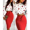 Two Piece Dress Sexy Crop Long Sleeve Pink Bodycon Sets Women Autumn Print Cropped Feminino Set Skirt Suits 220830