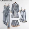 Women's Sleepwear 5PC Silk Robe Sleep Suit Lace Chiffon Satin Pajamas Gown Set VNeck Night Wear Pajama Home Nightwear Spring Nightdress 220830