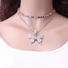 Choker Double Layer Necklace Fashion Rhinestone Butterfly Pendant Chain Colorful Bead Jewelry Accessories