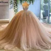 Robes de bal de bal de balle rose poussi￩reuse ch￩rie ch￩rie en dentelle appliqu￩e Puffle tulle long Pageant Robes de soir￩e Arabes Femmes Occasion formelle Porter CL1033