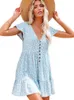 Casual Jurken Zomer Vrouwen Chiffon Jurk Sexy V-hals Bloemen Mini Strand Jurken Mode Ruches Knop Losse Femme Zonnejurk Vestidos 0830