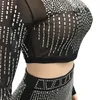 Zweiteiliges Kleid Kricesseen Sexy Mesh Drilling Durchsichtiges Rock-Set Frauen Kristall Langarm-Top und Maxi-Anzüge Clubwear Outfits 220830