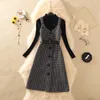 Two Piece Dress Streetwear Women Autumn Winter Sweater Wool KneeLength es With Belt Elegant Party Vestidos 220830