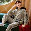 Men's Sleepwear Casual Hooded Pajama Sets Winter Thick Flannel Warm Pajamas for Cartoon Embroidery Zipper Trendyol 220830