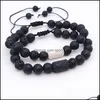 Charm Bracelets Lover Friendship Black White Bracelets Cylinder Charms 8Mm Lava Stone Beads Braided Essential Oil Diffuser Bra Sport1 Dhhak