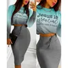 Two Piece Dress Sexy Crop Long Sleeve Pink Bodycon Sets Women Autumn Print Cropped Feminino Set Skirt Suits 220830