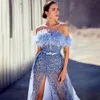 Vestidos de noite de sereia azul sem mangas bateau cetim renda piso piso sparkling sished pished apliques lantejas de celebridade featagem lateral plus size party baile vestido de baile