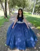 مثير الأزرق الداكن البلد بوهو Quinceanera فساتين حفلة موسيقية الحبيب بلورت الكرة كرات الثوب قبالة الكتف مع الأكمام طويلة اللمعان تول مساء حفلة