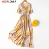 Robes décontractées Femmes 100% Crêpe de soie de mûrier Soie Beige Fleur Imprimé Robe Midi Col en V Manches courtes Taille ceinturée Robe longue MM558 220829