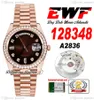 EWF Day Date 128348 A2836 Montre automatique unisexe pour hommes et femmes, lunette en diamants RG, cadran en diamant marron, bracelet présidentiel, même carte de série, Super édition Puretime A1