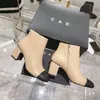 Designer Women Leather Boots Autumn Winter Cowhide Chunky Heels Brand Triangle Toe Black White Fashion Boot Strap Box 35-41
