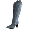 Bottes Bottes de cowboy pour femmes, nouveau style d'été, tête carrée, talon épais, fin, long et usé, eau de lavage, tube haut occidental Knight 220830