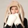 Berets Winter Women Ear One-piece Hats Casual Faux Fur Hat Women's Outdoor Warm Earflap Caps With Scarf Gloves