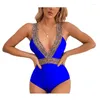 Maillots de bain pour femmes Bikini sexy pour femmes imprimé léopard lambrissé col en V profond coupe ajustée maillot de bain d'été violet/bleu S/M/L/XL