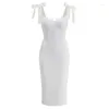 Casual jurken modeshow roze witte boog veter omhoog sexy spaghetti strap dames feestjurk dames bodycon elegant vestidos club gewaad f403