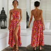 Casual Dresses Sexig Bandage Dress Woman 2022 Summer Tie Bow Hollow Out Floral Print Halter Ladies Beach Boho Long For Women