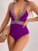 Maillots de bain pour femmes Bikini sexy pour femmes imprimé léopard lambrissé col en V profond coupe ajustée maillot de bain d'été violet/bleu S/M/L/XL