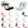 Med l￥da lyxiga designer sko h￶ga klackar sandaler kvinnor klack i genomsnitt pumpar aveline sandal med asymmetrisk grosgrain mesh fascinator b￥gar kl￤nning skor svart fuchsia