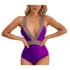 Maillots de bain pour femmes Bikini sexy pour femmes imprimé léopard lambrissé col en V profond coupe ajustée maillot de bain d'été violet/bleu S/M/L/XL