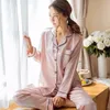 Damen-Nachtwäsche, Damen-Pyjama-Set, Winter, langärmelig, Pyjama, Nuisette, sexy Dessous, Nachtwäsche, Seidensatin-Pyjama, Pyjama-Anzug, 2 Stück 220830