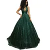 Abiti da ballo con paillettes verde scuro glitterati Abiti da sera lunghi con scollo a V profondo senza schienale sexy Abiti da sera scintillanti affascinanti per occasioni speciali per le donne