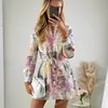 Casual Dresses Boho Inspired Multicolored Floral Print Summer Dress Women Knappar Down Belted Long Sleeve Woman Dress Elegant Ladies Dress 0830