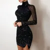 Casual Dresses Mesh Transparent Sexy Black Women Shiny Print Turtleneck l￥ng￤rmad BodyCon Evening Party Mini Vestidos 220830