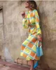 Casual Dresses Spring Neck 3/4 Sleeves Vintage Print Long Dress Women Fashion Bohemian Pattern Vestidos Robe