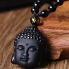 Collares pendientes obsidiana negra Natural tallada cabeza de Buda con cuentas collar de amuleto de la suerte para hombres y mujeres colgantes joyería de Jade