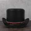 BERETS 100 ٪ من الجلد TOP HAT Women Men President Flat Flated Fedoras Magic Steampunk Cosplay Caps 3Size 13cm