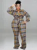 Broek plus size jumpsuits dames kleding korset hoge taille lange mouw rompers herfst plaid print casual flare jumpsuit oversize