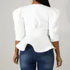 Kvinnors blusar ruffle hem snörning bowknot bandage peplum blazer fast färg djup v-ringning kvinnor kappa andas puff halv ärm avslappnad