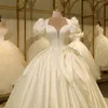 Modest Ball Gowns Wedding Dresses Sweetheart Neck Short Puffy Sleeves Satin Belt Crystal Sweep Train Bridal Gowns