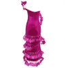 Casual Dresses One-shoulder Rose Red Velvet Long Dress Ladies Celebrity Party Feather Design