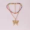 Choker Double Layer Necklace Fashion Rhinestone Butterfly Pendant Chain Colorful Bead Jewelry Accessories