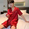 Sonofleto de sono masculino 2022 Verão Pijama de seda de cetim masculino shorts curtos de manga curta