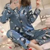 Kvinnors sömnkläder Satin Silk Pyjamas Set för pyjamasdräkt Utskrift Långärmad avslappnad nattkläder Mjuka hemkläder PJs plus storlek 220830