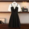 Freizeitkleider Sommer Damen Minikleid Koreanische Mode Patchwork Puffärmel Polokragen Schwarz A-Linie Kleider Preppy Style Kleidung 0830