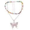 Choker Double Layer Necklace Fashion Rhinestone Butterfly Pendant Chain Colorful Bead Jewelry Accessories