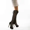 Sock Boots Style New Hollow Lace Up Knee High-heeled Boots Available Women Shoes 220830