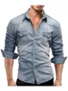 Herren T-Shirts Herren Frühling Herbst Jeanshemd T-Shirts Langarm Button-Down Vintage Mode Snap Up Tops Casual Cowboy Tee