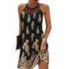 Casual jurken zomer dames elegante ronde nek vintage cutout nek mouwloze halter print jurk hollow out floral sexy feestjurk 220829