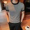 Herrtröjor 2022 Stil hög kvalitet för män Plaid SEVE SEEVE KNIT Sweater/Man Slim Fit Fahion o-hals Set Head Homme 4xl