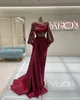 Classic Mermaid Satin Prom Dresses Long Sleeve Beaded Crystal Burgundy Evening Gowns For Arabic Women Vestidos Party Dress