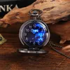 Pocket horloges sterrenblauwe wijzerplaat Romeinse cijfers Quartz Bekijk glad zwart/zilver vol retro hanger Reloj de bolsillo