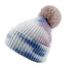 Berets Unisex Winter Ribbed Knit Beanie Hat With Detachable Fluffy Pom Gradient Tie-Dye Printed Cuffed Skull Ear Warmer