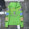 Chaopai Fucroin Green Hooded Graffiti Hoodie Limitado de Cartoon Inseto de Casal Pullover de Manga Longa