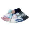 Berets Unisex Winter Ribbed Knit Beanie Hat With Detachable Fluffy Pom Gradient Tie-Dye Printed Cuffed Skull Ear Warmer