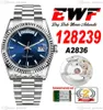 EWF Day Date 128239 A2836 Automatische Unisex-Uhr für Herren und Damen, 36 mm geriffelte Lünette, blaues Stick-Zifferblatt, Präsidentenarmband, gleiche Seriennummer, Super Edition Puretime SS-G7